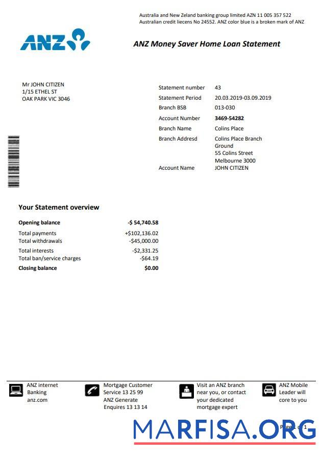 Blank Australia ANZ proof of address bank statement template